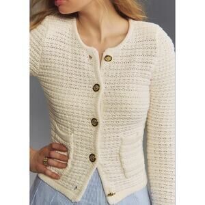 Anthropologie Bishop + Young Bristol Textured Knit Gold Button Cardigan Sweater